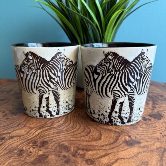 Set Of 2 Zebra Print Ceramic Coffee Mugs 14 -16 Oz - Picture 1 of 10